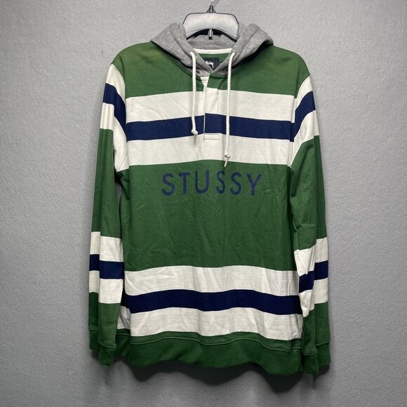 Stussy Other - Stussy Green Striped Rugby Hoodie Shirt Medium
